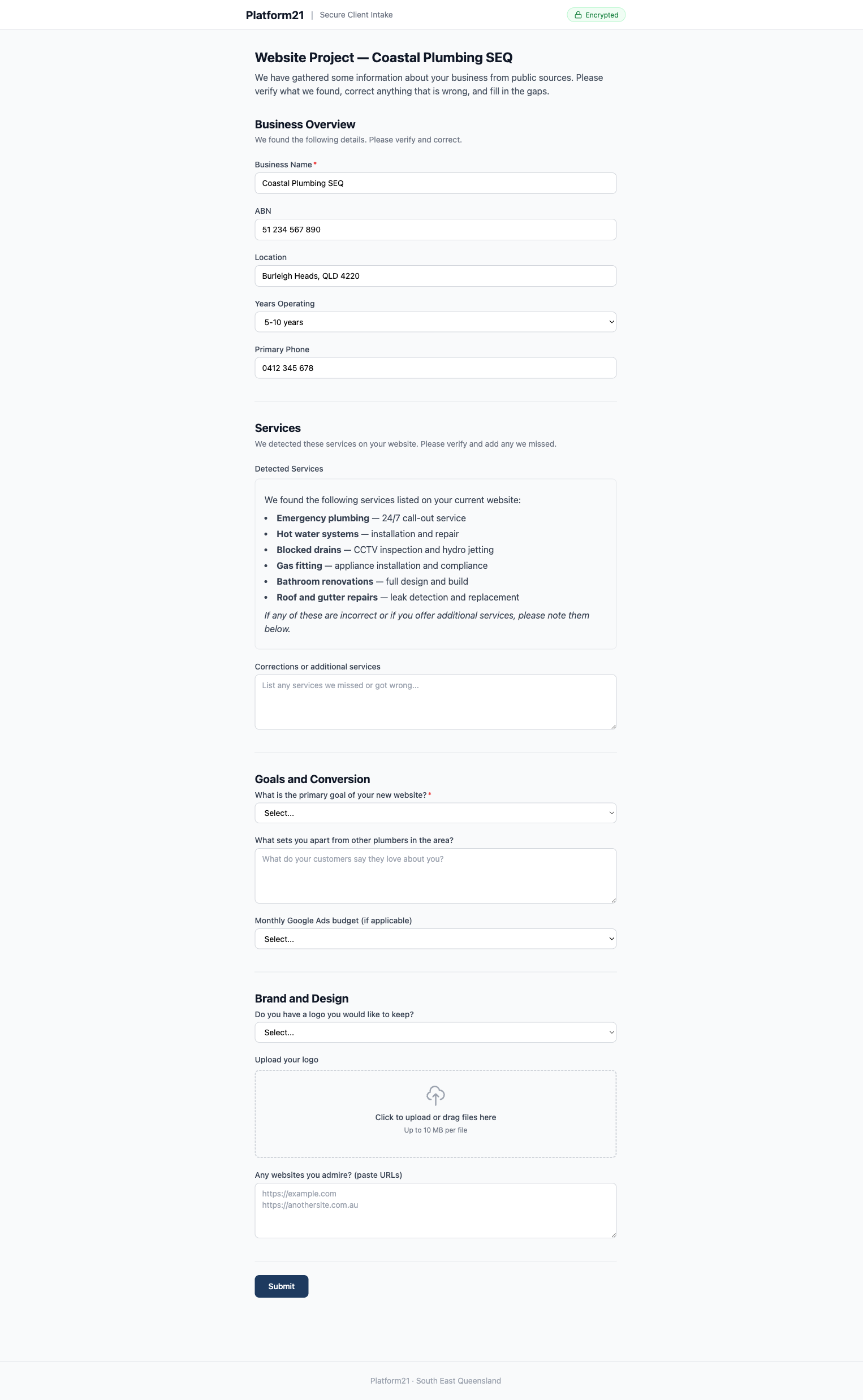 A client discovery form for a plumbing business. The agent scraped the business name, ABN, location, phone number, and services from public sources and pre-filled the form. The client verifies what is correct and fills in the gaps — goals, brand preferences, budget.