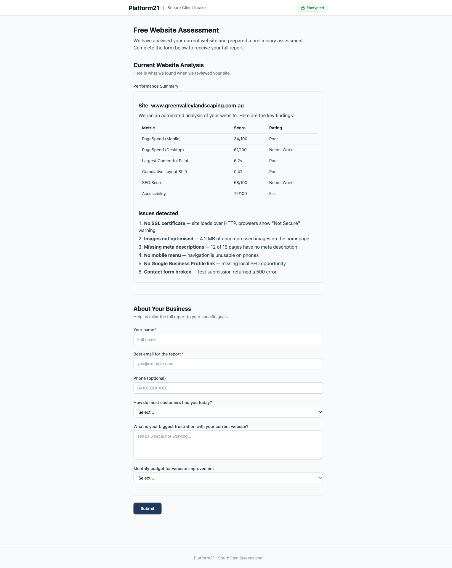 A lead qualification form showing a website performance assessment. The agent ran an automated analysis and presents the results — PageSpeed scores, LCP, CLS, SEO score — in a table, followed by a numbered list of issues detected. Below the assessment, the prospect provides contact details and budget range.
